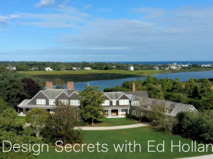 Hamptons areal photo of Hamptons home and surrounding landscape architecture by the water.